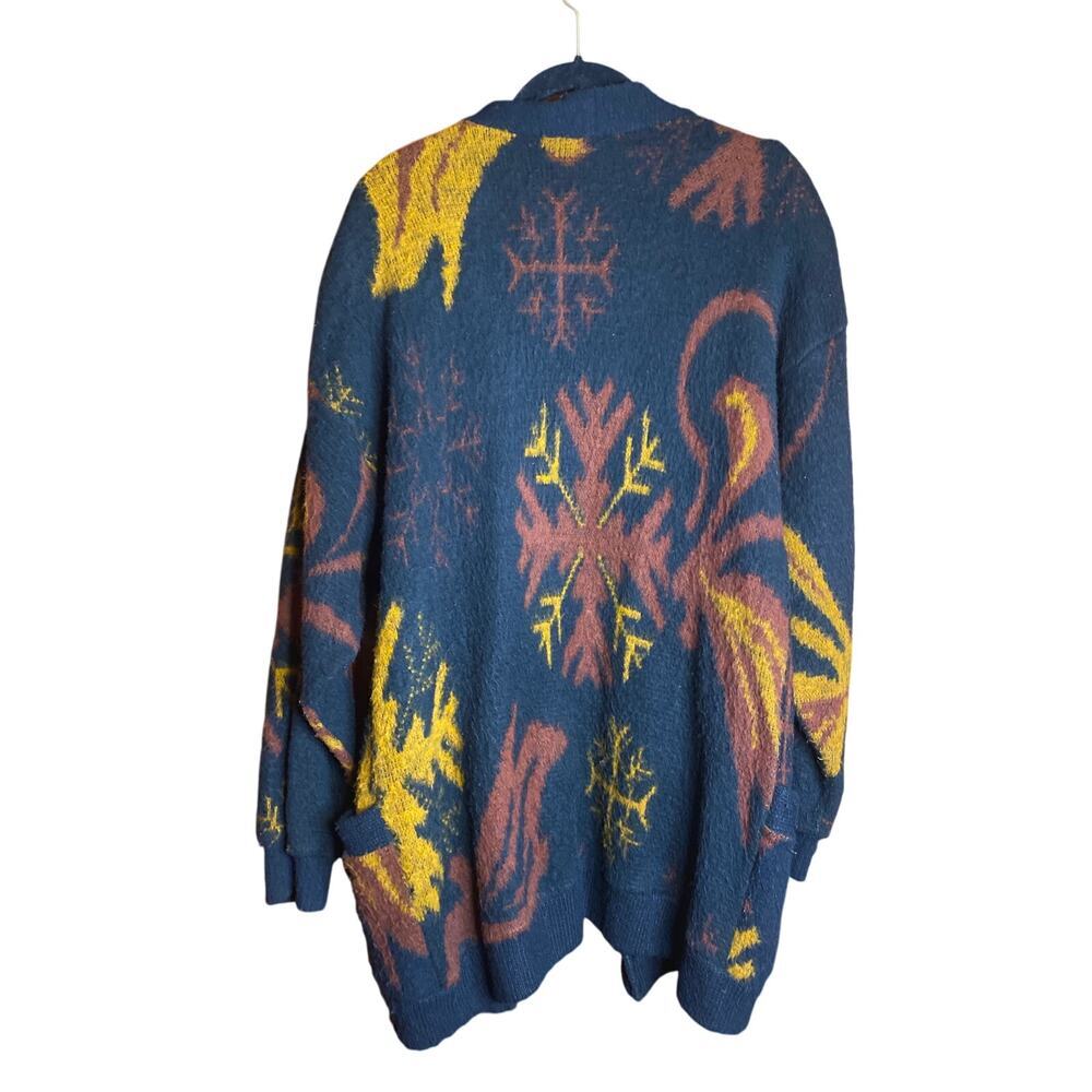 VINTAGE 70s Black Winter Fall Snowflake Open Cardigan Sweater XL
